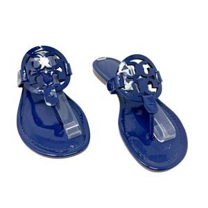 TORY BURCH Blue Patent Leather Naplak Miller Logo Sandals Slides Flip Flops Sz 7